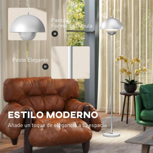 Lámpara de Pie para Salón Moderna con Pantalla de Cuenco Interruptor de Pie Casquillo E27 Sin Bombilla Ø30x155 cm Plata [2]