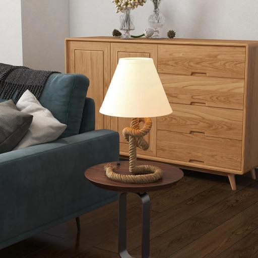 Lámpara de Mesa LED con Base de Metal Cuerda de Lino y Pantalla de Tela Max.40W Ø28x45,5 cm Marrón y Beige