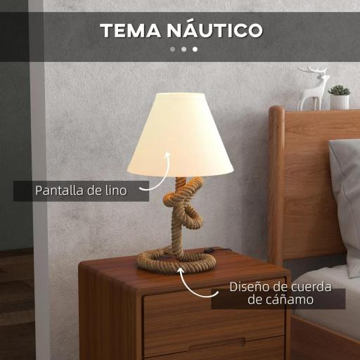 Lámpara de Mesa LED con Base de Metal Cuerda de Lino y Pantalla de Tela Max.40W Ø28x45,5 cm Marrón y Beige [3]