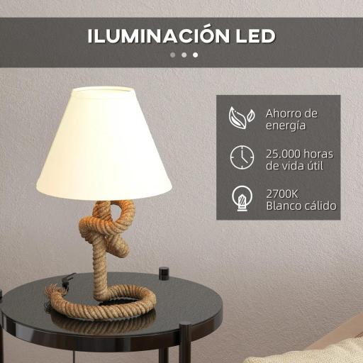 Lámpara de Mesa LED con Base de Metal Cuerda de Lino y Pantalla de Tela Max.40W Ø28x45,5 cm Marrón y Beige [2]