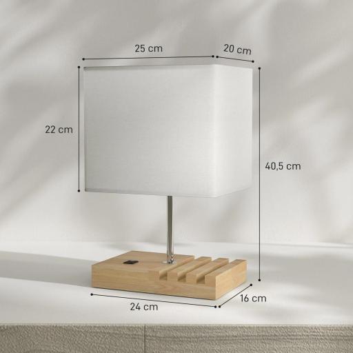 Lámpara de Mesa con Puertos USB-A/C Tres Ranuras para Teléfonos Base de Madera y Pantalla de Tela Blanco [1]