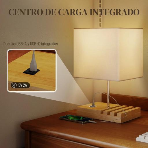 Lámpara de Mesa con Puertos USB-A/C Tres Ranuras para Teléfonos Base de Madera y Pantalla de Tela Blanco [2]