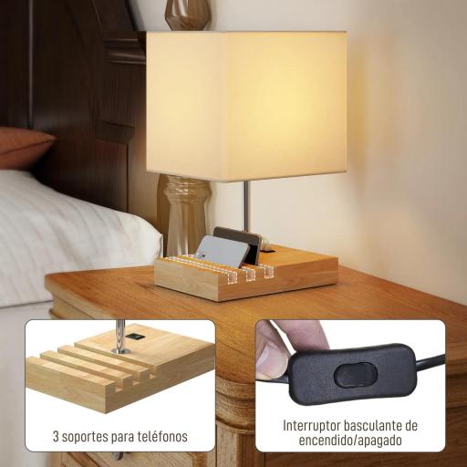 Lámpara de Mesa con Puertos USB-A/C Tres Ranuras para Teléfonos Base de Madera y Pantalla de Tela Blanco [3]