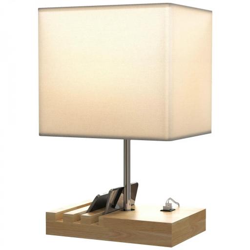 Lámpara de Mesa con Puertos USB-A/C Tres Ranuras para Teléfonos Base de Madera y Pantalla de Tela Blanco [8]