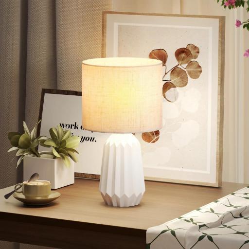 Lámpara de Mesa con Base de Cerámica y Pantalla de Lino Estilo Retro para Dormitorio 40W Blanco y Beige