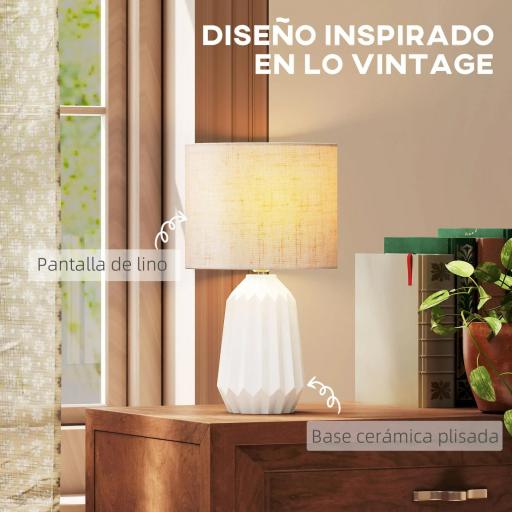 Lámpara de Mesa con Base de Cerámica y Pantalla de Lino Estilo Retro para Dormitorio 40W Blanco y Beige [2]