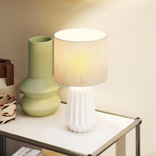 Lámpara de Mesa con Base de Cerámica y Pantalla de Lino Estilo Retro para Dormitorio 40W Blanco y Beige [4]