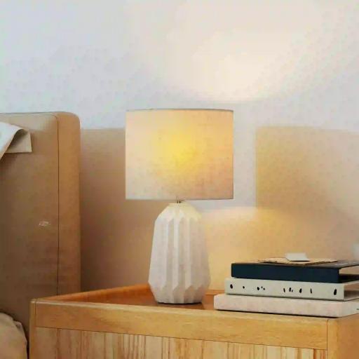 Lámpara de Mesa con Base de Cerámica y Pantalla de Lino Estilo Retro para Dormitorio 40W Blanco y Beige [7]