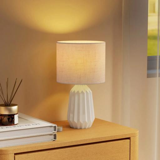 Lámpara de Mesa con Base de Cerámica y Pantalla de Lino Estilo Retro para Dormitorio 40W Blanco y Beige [5]