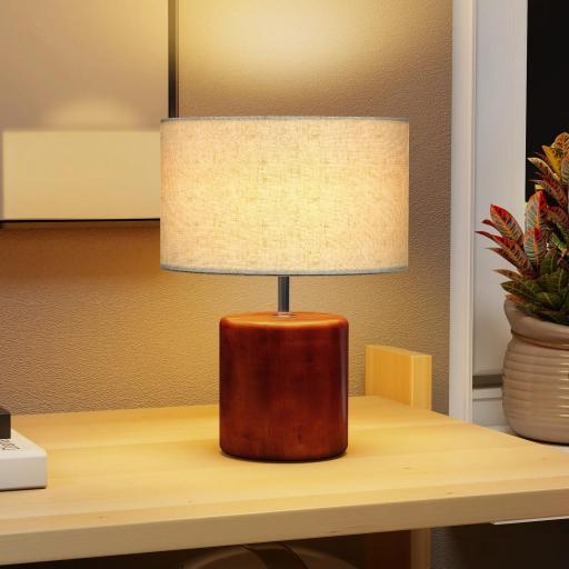 Lámpara de Mesa Rústica Lámpara de Mesita de Noche con Base de Madera Pantalla de Lino Interruptor Basculante Marrón