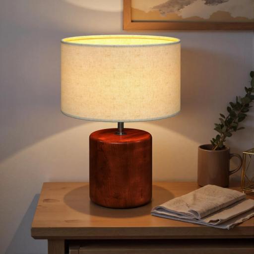 Lámpara de Mesa Rústica Lámpara de Mesita de Noche con Base de Madera Pantalla de Lino Interruptor Basculante Marrón [7]