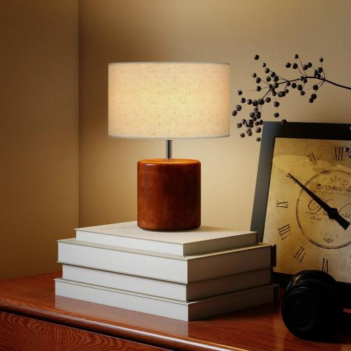 Lámpara de Mesa Rústica Lámpara de Mesita de Noche con Base de Madera Pantalla de Lino Interruptor Basculante Marrón [2]