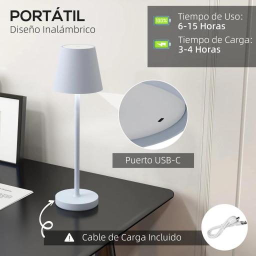 Lámpara de Mesita de Noche Inalámbrica con Luces LED Lámpara de Mesa USB-C Recargable 3 Colores Ø11,2x36,5 cm Gris [4]