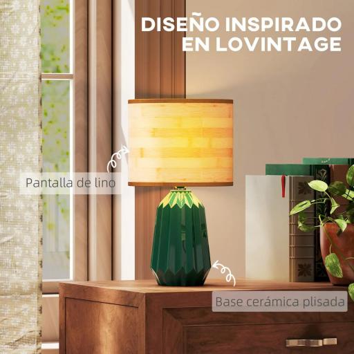 Lámpara de Mesa con Base de Cerámica y Pantalla de Lino Estilo Retro para Dormitorio 40W Verde y Madera Natural [2]
