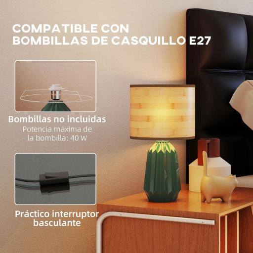 Lámpara de Mesa con Base de Cerámica y Pantalla de Lino Estilo Retro para Dormitorio 40W Verde y Madera Natural [3]