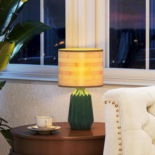 Lámpara de Mesa con Base de Cerámica y Pantalla de Lino Estilo Retro para Dormitorio 40W Verde y Madera Natural [5]