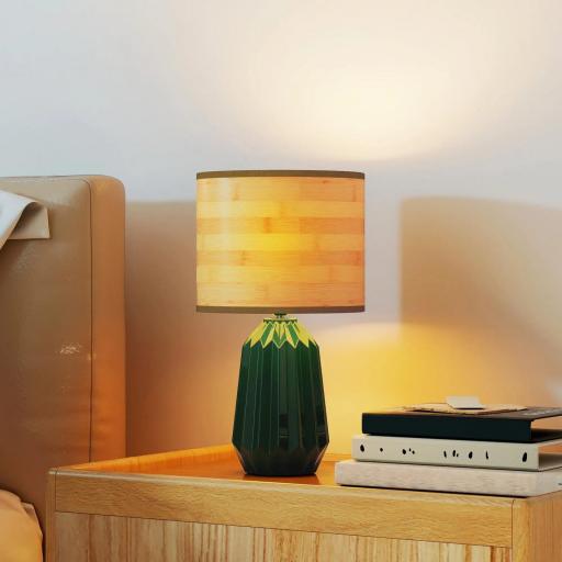 Lámpara de Mesa con Base de Cerámica y Pantalla de Lino Estilo Retro para Dormitorio 40W Verde y Madera Natural [6]
