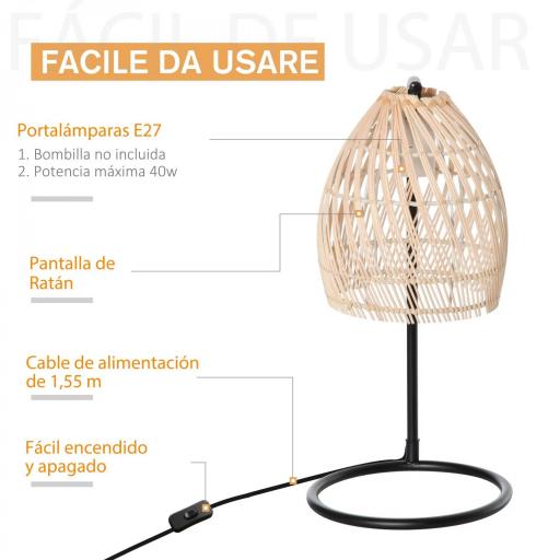 Lámpara de Mesa Decorativa con Pantalla de Ratán Casquillo E27 Máx. 40W para Dormitorio Salón Ø20x41 cm Natural [4]