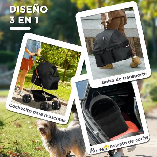 Carrito para Perros Plegable 3 en 1 con Cesta de Almacenaje Ventana de Malla y Sistema de Seguridad 76x50x102 cm Negro [3]