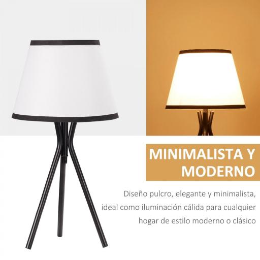 Lámpara de Mesa con Trípode de Metal Lámpara de Escritorio con Pantalla de Tela y Casquillo E27 Máx. 40W Estilo Moderno para Dormitorio Salón Ø25x50 cm Blanco y Negro [1]