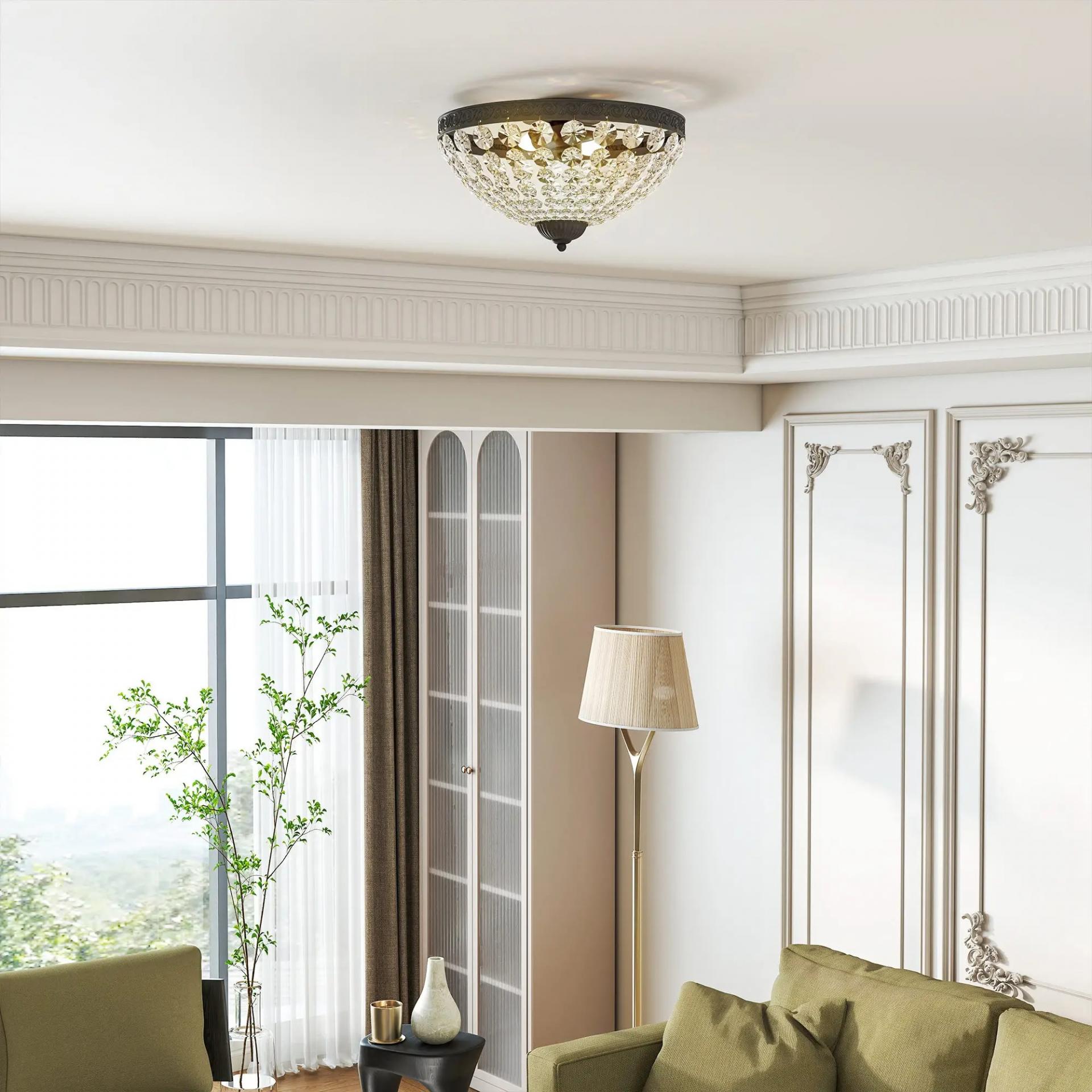 Lámpara de Techo de Cristal Vintage con 2 Casquillos E14 40W con 168 Cuentas de Cristal para Dormitorio Salón Negro