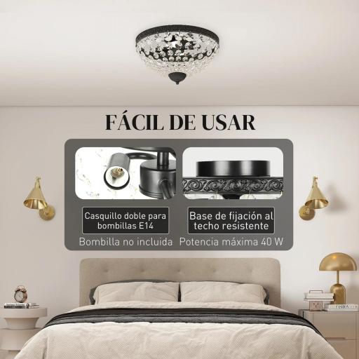 Lámpara de Techo de Cristal Vintage con 2 Casquillos E14 40W con 168 Cuentas de Cristal para Dormitorio Salón Negro [6]
