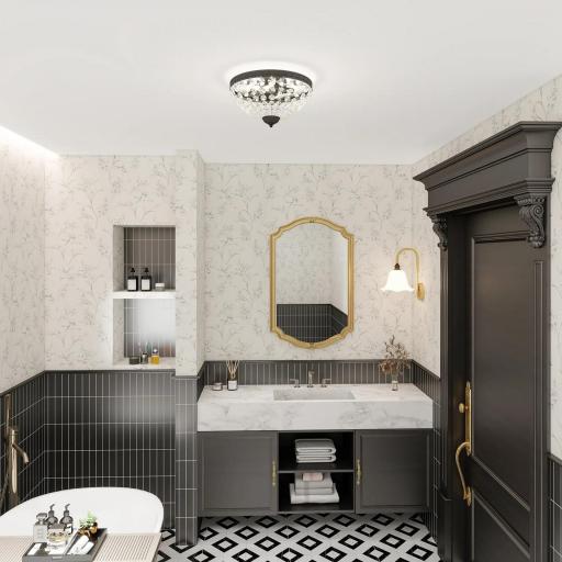 Lámpara de Techo de Cristal Vintage con 2 Casquillos E14 40W con 168 Cuentas de Cristal para Dormitorio Salón Negro [2]