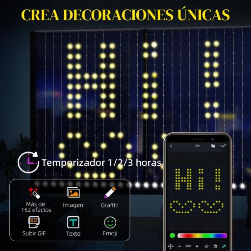 Cortina de Luces LED 3x3m Inteligente con Sincronización Musical Control Remoto y App Efectos y Colores Personalizables [4]