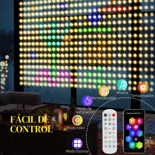 Cortina de Luces LED 3x3m Inteligente con Sincronización Musical Control Remoto y App Efectos y Colores Personalizables [1]