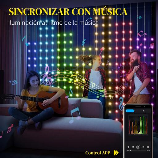 Cortina de Luces LED 3x3m Inteligente con Sincronización Musical Control Remoto y App Efectos y Colores Personalizables [9]
