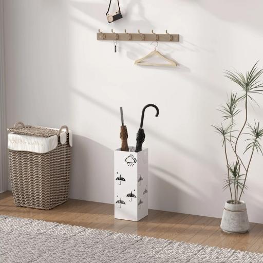 Paragüero de Acero con Bandeja Recoge Gotas Ganchos para Paraguas Plegables y Diseño Decorativo 15,5x15,5x41 cm Blanco [5]