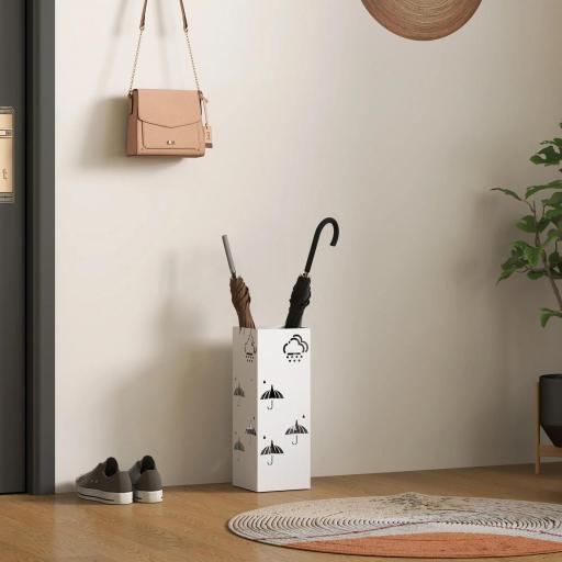 Paragüero de Acero con Bandeja Recoge Gotas Ganchos para Paraguas Plegables y Diseño Decorativo 15,5x15,5x41 cm Blanco [2]