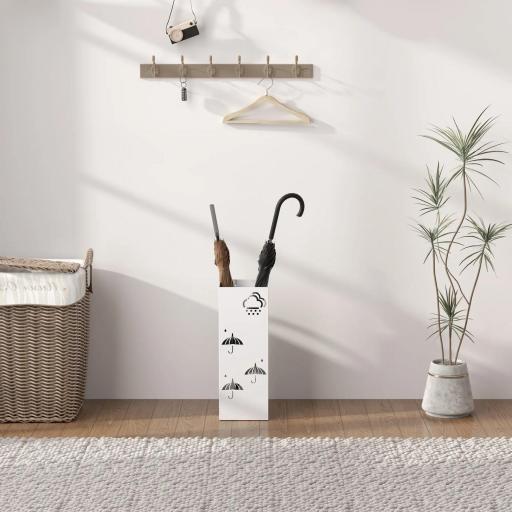 Paragüero de Acero con Bandeja Recoge Gotas Ganchos para Paraguas Plegables y Diseño Decorativo 15,5x15,5x41 cm Blanco [8]
