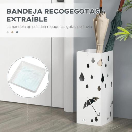 Paragüero Blanco Paragüero de Acero con 4 Ganchos y Bandeja de Goteo Extraíble para Pasillo Entrada 15,5x15,5x41 cm [2]