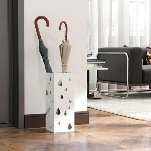 Paragüero Blanco Paragüero de Acero con 4 Ganchos y Bandeja de Goteo Extraíble para Pasillo Entrada 15,5x15,5x41 cm [5]