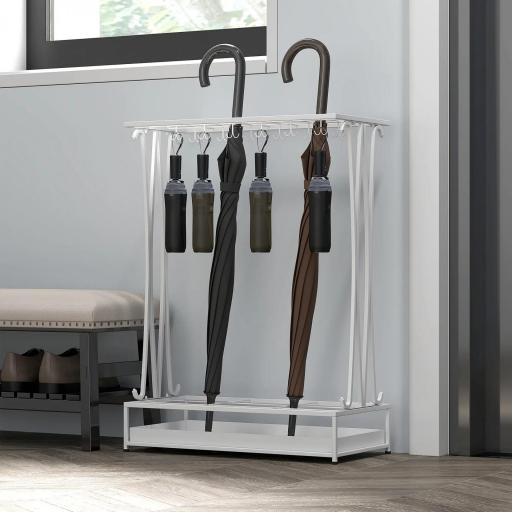 Paragüero Moderno de Acero con 21 Espacios y 24 Ganchos Bandeja Recogegotas Extraíble para Entrada 50x24x68 cm Blanco [3]