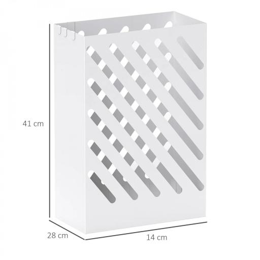 Paragüero de Acero Galvanizado Soporte de Paraguas Estrecho con Bandeja de Goteo Extraíble 4 Ganchos 28x14x41 cm Blanco [1]