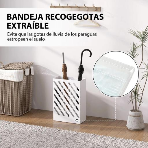 Paragüero de Acero Galvanizado Soporte de Paraguas Estrecho con Bandeja de Goteo Extraíble 4 Ganchos 28x14x41 cm Blanco [5]