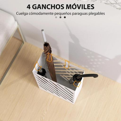 Paragüero de Acero Galvanizado Soporte de Paraguas Estrecho con Bandeja de Goteo Extraíble 4 Ganchos 28x14x41 cm Blanco [2]