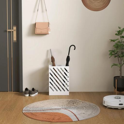 Paragüero de Acero Galvanizado Soporte de Paraguas Estrecho con Bandeja de Goteo Extraíble 4 Ganchos 28x14x41 cm Blanco [7]