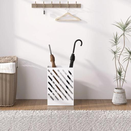 Paragüero de Acero Galvanizado Soporte de Paraguas Estrecho con Bandeja de Goteo Extraíble 4 Ganchos 28x14x41 cm Blanco [8]