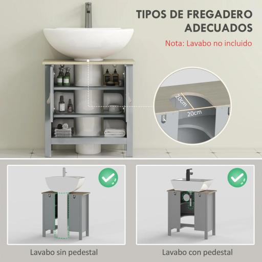 Armario para Debajo de Lavabo Compacto con 2 Puertas y Estante Interior Ajustable Mueble Auxiliar de Almacenamiento para Baño 60x30x60 cm Gris [2]
