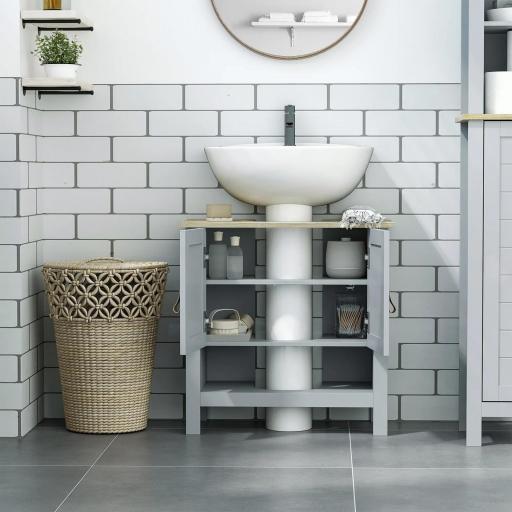 Armario para Debajo de Lavabo Compacto con 2 Puertas y Estante Interior Ajustable Mueble Auxiliar de Almacenamiento para Baño 60x30x60 cm Gris [3]