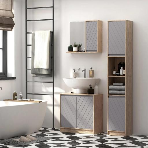 Mueble para Debajo del Lavabo Armario de Baño de Suelo con Puerta Doble y Estante Ajustable 60x30x59,8 cm Roble y Gris