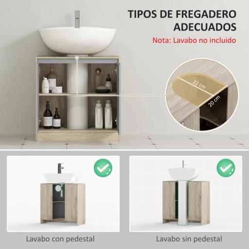 Mueble para Debajo del Lavabo Armario de Baño de Suelo con Puerta Doble y Estante Ajustable 60x30x59,8 cm Roble y Gris [2]