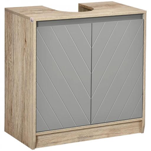Mueble para Debajo del Lavabo Armario de Baño de Suelo con Puerta Doble y Estante Ajustable 60x30x59,8 cm Roble y Gris [8]