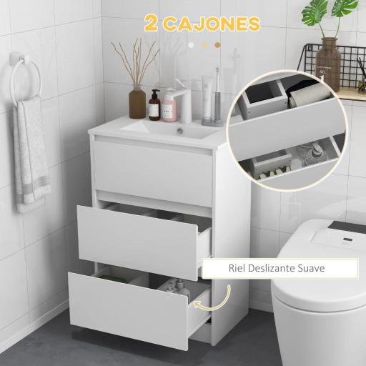 Mueble de Baño con Lavabo Armario de Baño Lavabo de Baño de Cerámica Sintética con 2 Cajones 61x37x88cm Blanco Brillante [3]