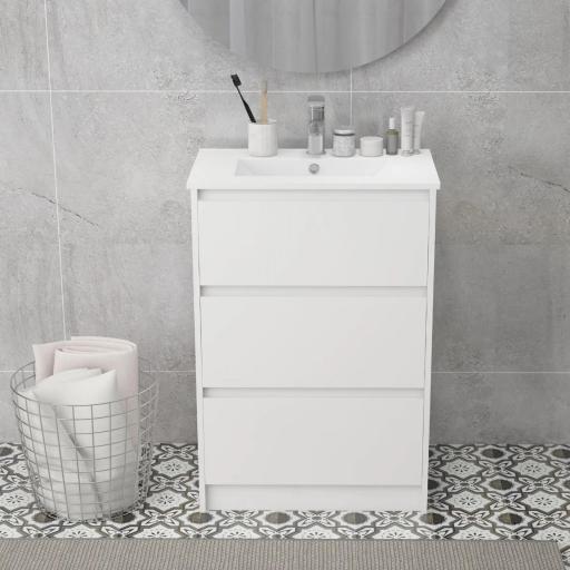 Mueble de Baño con Lavabo Armario de Baño Lavabo de Baño de Cerámica Sintética con 2 Cajones 61x37x88cm Blanco Brillante [8]