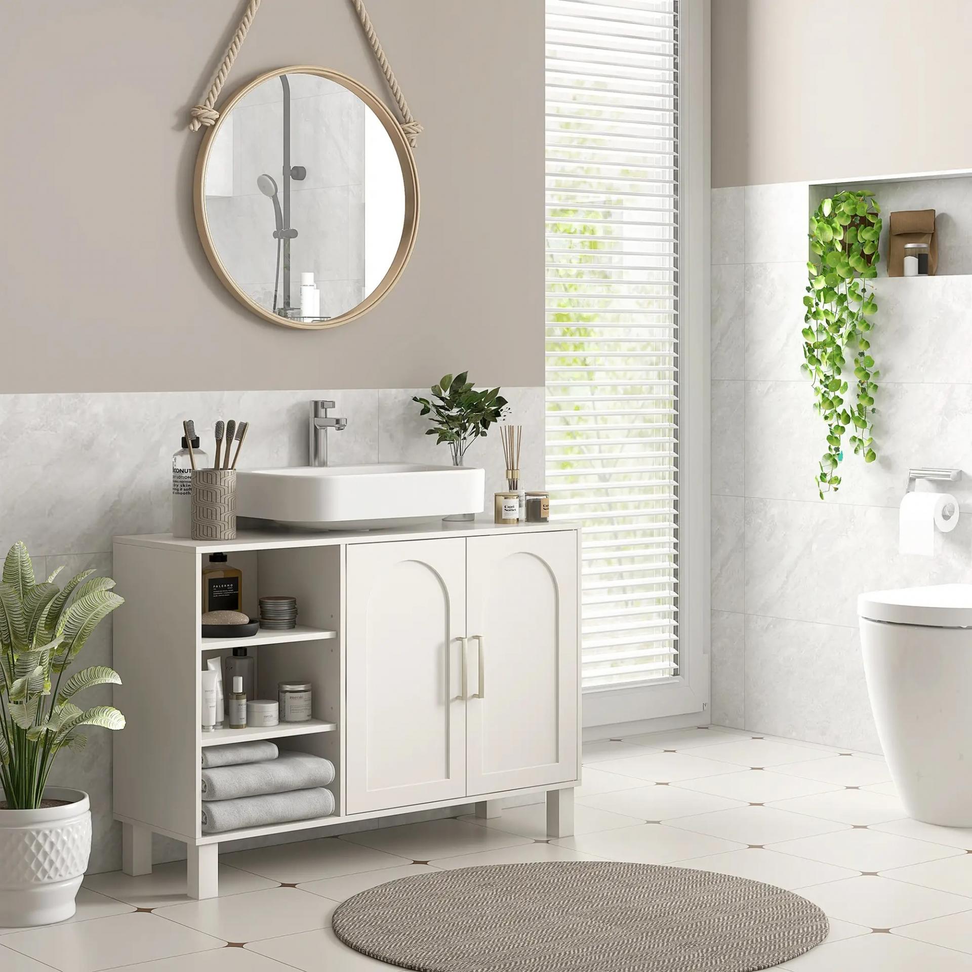 Mueble bajo Lavabo Mueble de Baño Moderno con 2 Puertas y Estantes Ajustables 90x30x63 cm Crema