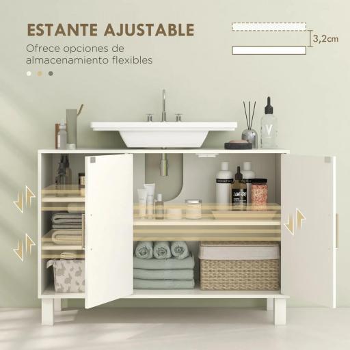 Mueble bajo Lavabo Mueble de Baño Moderno con 2 Puertas y Estantes Ajustables 90x30x63 cm Crema [2]